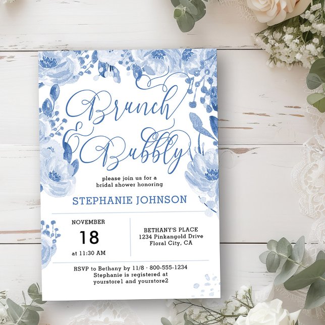 Brunch & Bubly Dusty Blue Blommigt Möhippa Inbjudningar (Brunch & Bubbly Invitation from my Dusty Blue Watercolor Floral Bridal Shower)