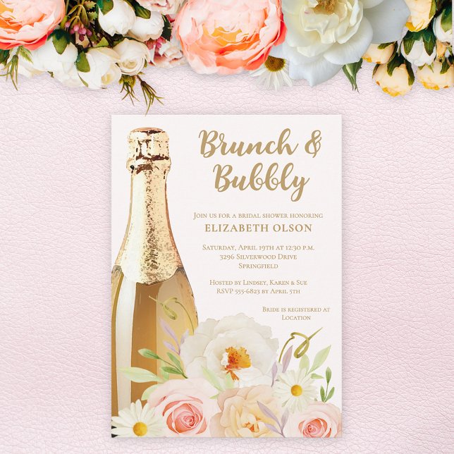 Brunch & Bubly Garden Blommigt Möhippa Inbjudningar (Brunch & Bubbly blush garden flowers bridal shower invitations, INSTANT DOWNLOAD and/or PRINTED)