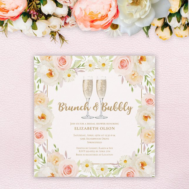 Brunch & Bubly Garden Blommigt Möhippa Inbjudningar (Brunch & Bubbly  garden flowers bridal shower square invitations, INSTANT DOWNLOAD and/or PRINTED)