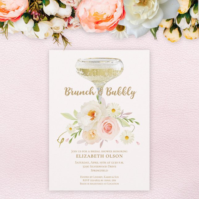 Brunch & Bubly Garden Blommigt Möhippa Inbjudningar (Brunch & Bubbly blush garden flowers bridal shower invitations, INSTANT DOWNLOAD and/or PRINTED)