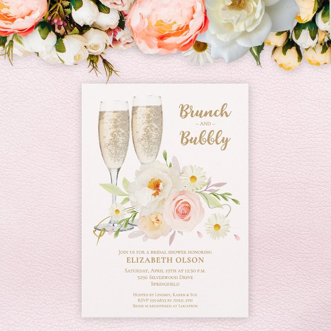 Brunch & Bubly Garden Blommigt Möhippa Inbjudningar (Brunch & Bubbly blush garden flowers bridal shower invitations, INSTANT DOWNLOAD and/or PRINTED)