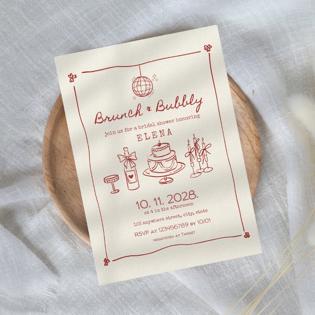 Brunch & Bubly Hand plockade Red Möhippa Inbjudningar (Brunch & Bubbly Bridal Shower Invitation Hand Drawn Red Hand Illustrated Champagne Let's Toast)