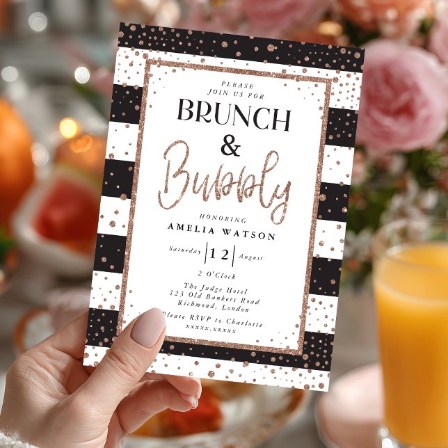Brunch & Bubly Inbjudningskort för möhippan (Sip, sparkle, and celebrate 💖 Send your love with this glamorous rose gold bridal shower invite.)