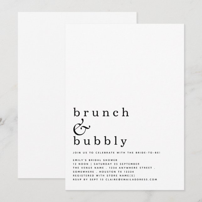 Brunch Bubly Minimalist Typography-Möhippa Inbjudningar (Fram/baksida)