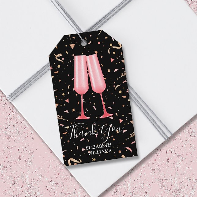 Brunch Bubly Möhippa Black Presentetikett (Brunch and bubbly pink champagne glasses bridal shower black thank you gift tags)