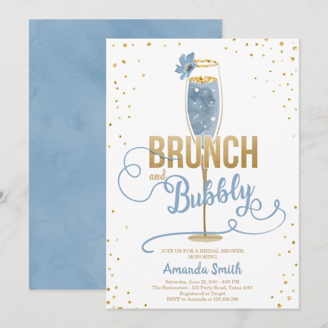 Brunch & Bubly Möhippa Blue Guld Champagne  Inbjudningar (Fram/baksida)