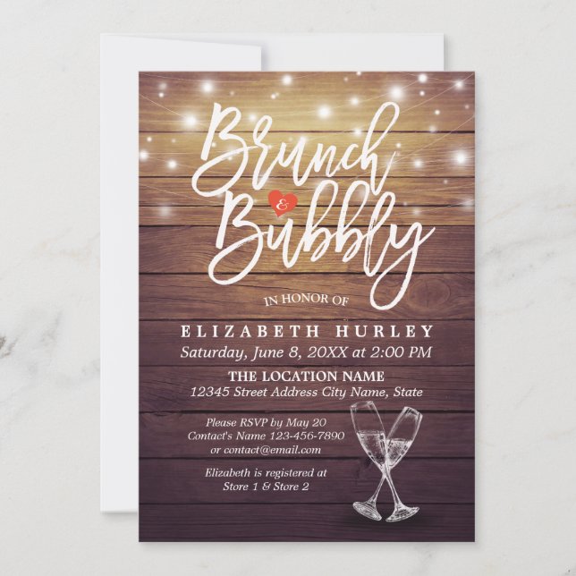 Brunch & Bubly Möhippa Champagne Glass Wood Inbjudningar (Framsida)