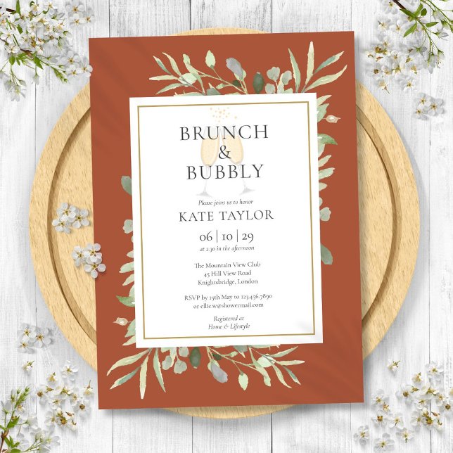 Brunch Bubly Möhippa Greenery Terracotta Inbjudningar (Brunch Bubbly Bridal Shower Greenery Terracotta Invitation)