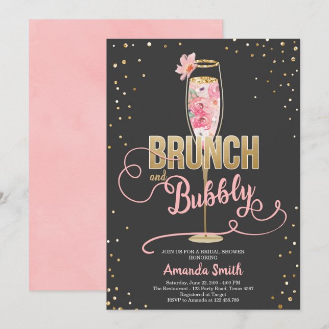 Brunch & Bubly Möhippa  Guld Champagne Inbjudningar (Fram/baksida)