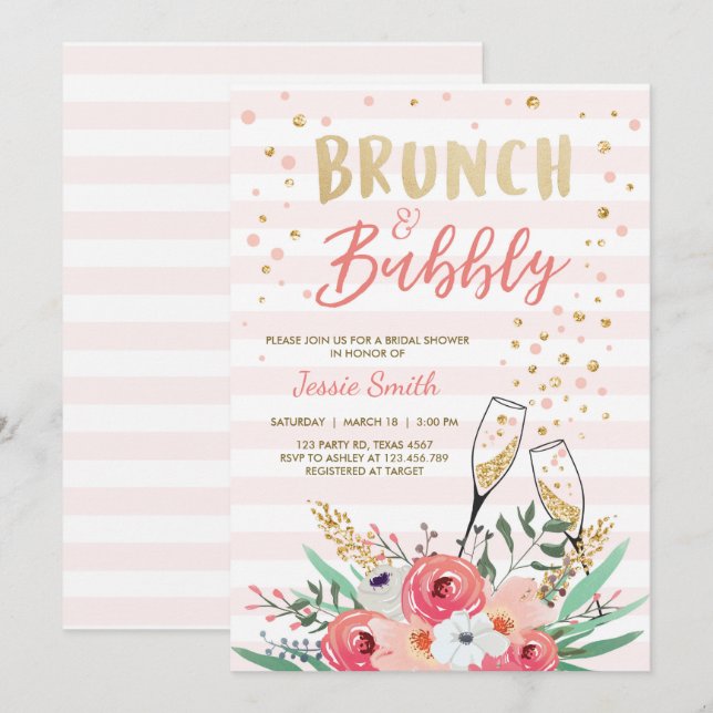 Brunch & Bubly Möhippa Rosa Guld Champagne Inbjudningar (Fram/baksida)