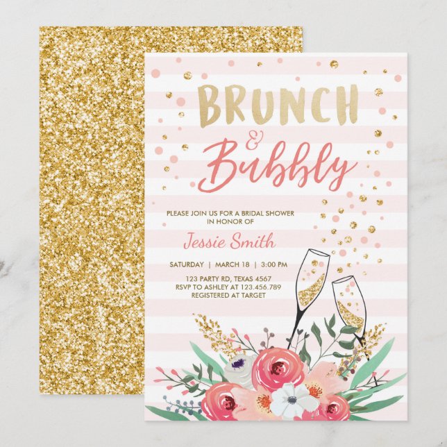 Brunch & Bubly Möhippa Rosa Guld Champagne Inbjudningar (Fram/baksida)