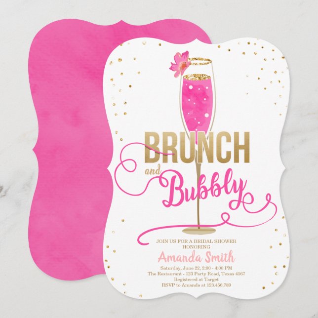 Brunch & Bubly Möhippa Shock rosa Champagne Inbjudningar (Fram/baksida)