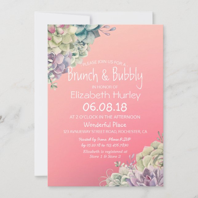 Brunch & Bubly Möhippa Watercolor Succulent Inbjudningar (Framsida)