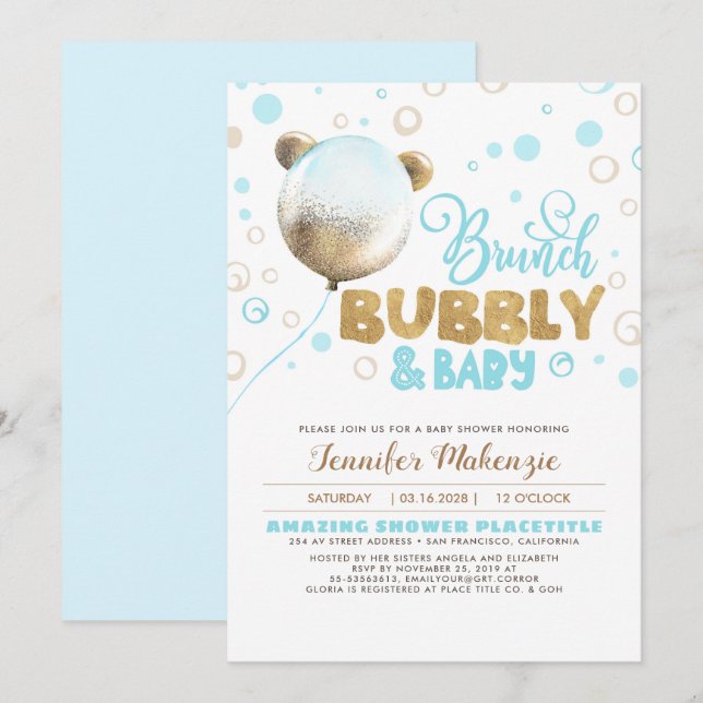 Brunch Bubly och Baby Nalle Baby Shower Inbjudningar (Fram/baksida)