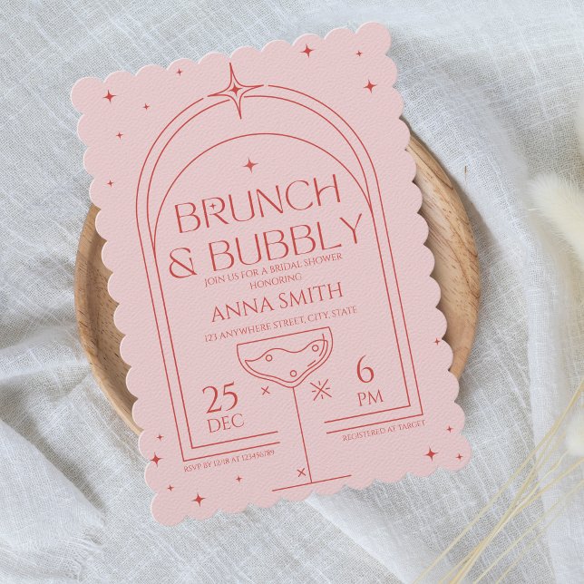 Brunch & Bubly Retro Rosa Red Möhippa Inbjudningar (Brunch & Bubbly, Retro Pink and Red Wavy Bridal Shower Invitation)