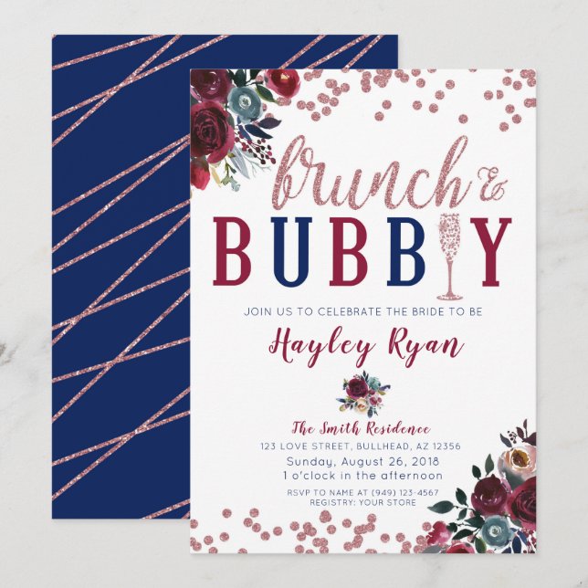 Brunch & Bubly Ro Guld Burgundy Navy Champagne Inbjudningar (Fram/baksida)