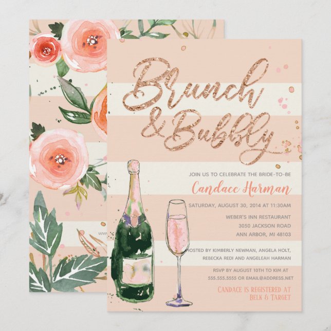 Brunch & Bubly Ro Guld Glitter Möhippa Inbjudningar (Fram/baksida)