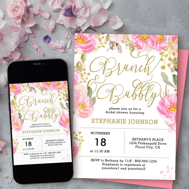 Brunch & Bubly Rosa Guld Blommigt Möhippa Inbjudningar (Bridal Shower brunch & bubbly invitation from my Pink and Gold Watercolor Floral Collection
)