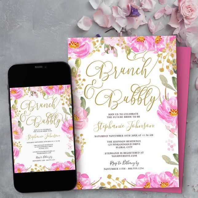 Brunch & Bubly Rosa och Guld Blommigt Möhippa Inbjudningar (Brunch & Bubbly bridal shower invitation from my Pink and Gold Watercolor Floral Collection)