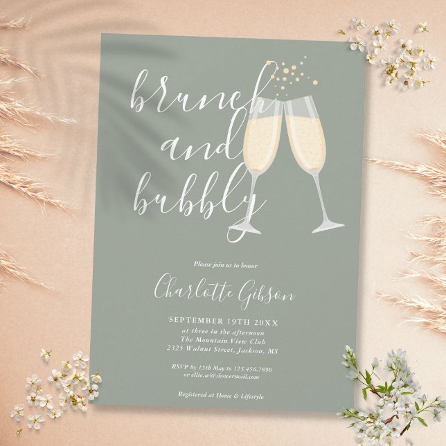 Brunch Bubly Script Möhippa Sage Grönt Inbjudningar (Brunch Bubbly Script Bridal Shower Sage Green Invitation)