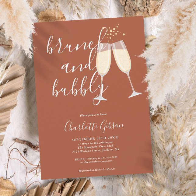 Brunch Bubly Script Möhippa Terracotta Inbjudningar (Brunch Bubbly Script Bridal Shower Terracotta Invitation)