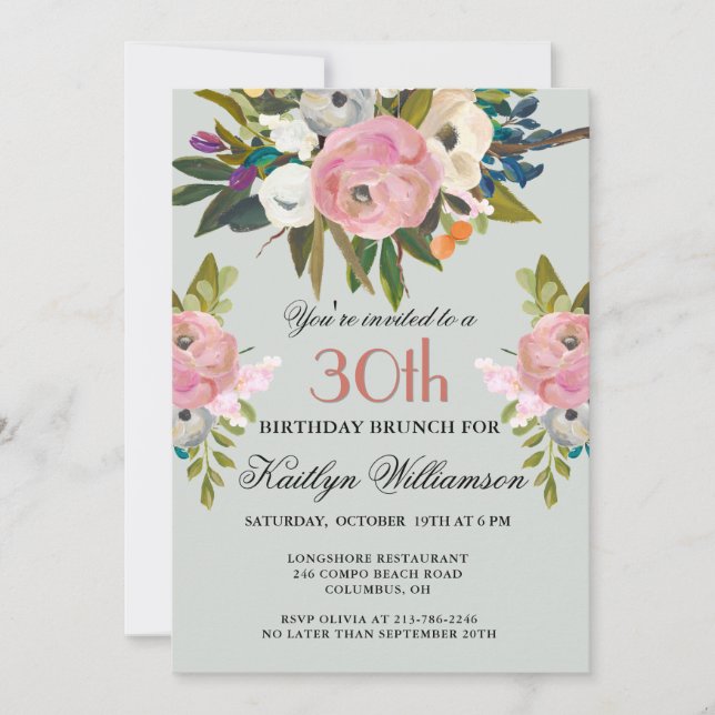 Brunch Elegant Handpainted Floral 30th Birthday  Inbjudningar (Framsida)
