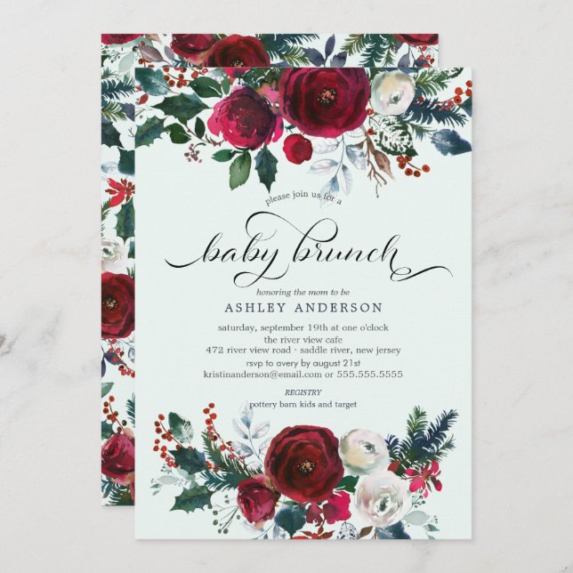 Brunch för babykläder för Winter Bloom Blommigt Inbjudningar (Fram/baksida)