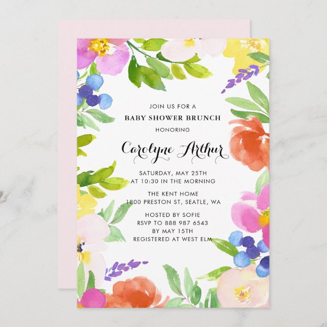 Brunch för Bebisdusch för Vår-blommor med vattenfä Inbjudningar (Fram/baksida)