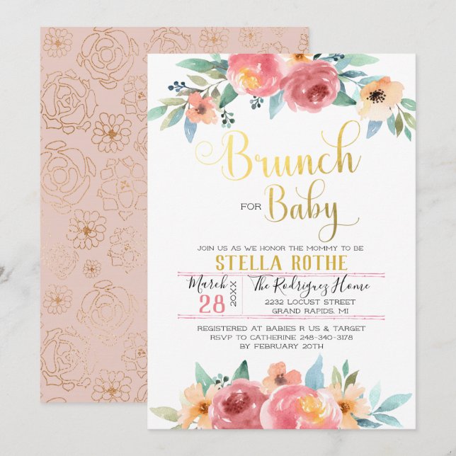 Brunch för bebisen - vårblommor inbjudningar (Fram/baksida)