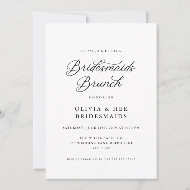 Brunch för Black Elegant Modern Script Bridesmaids Inbjudningar (Framsida)