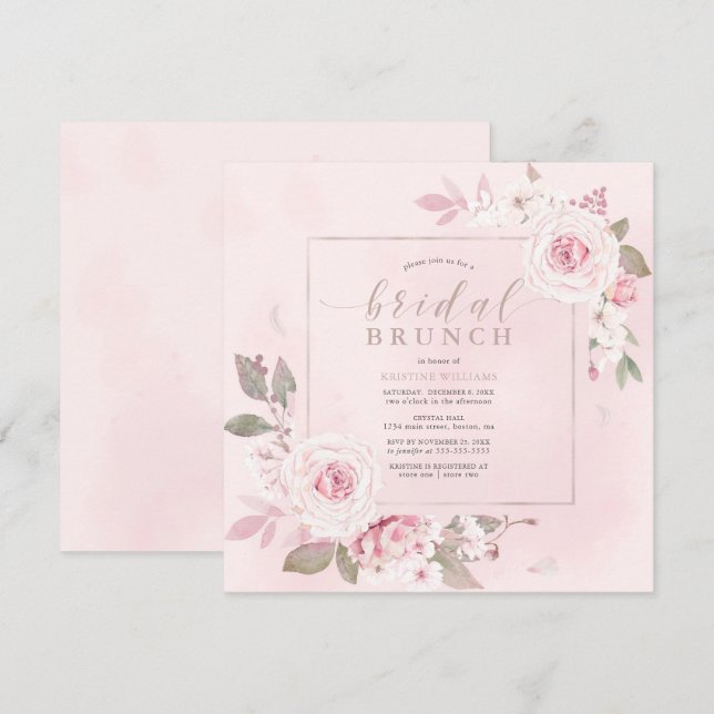 Brunch för Blommigt av  Rosa ros-vattenfärg, Möhip Inbjudningar (Fram/baksida)