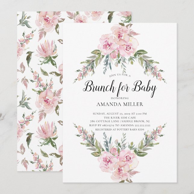 Brunch för Blommigt för  vattenfärg för babydusch Inbjudningar (Fram/baksida)