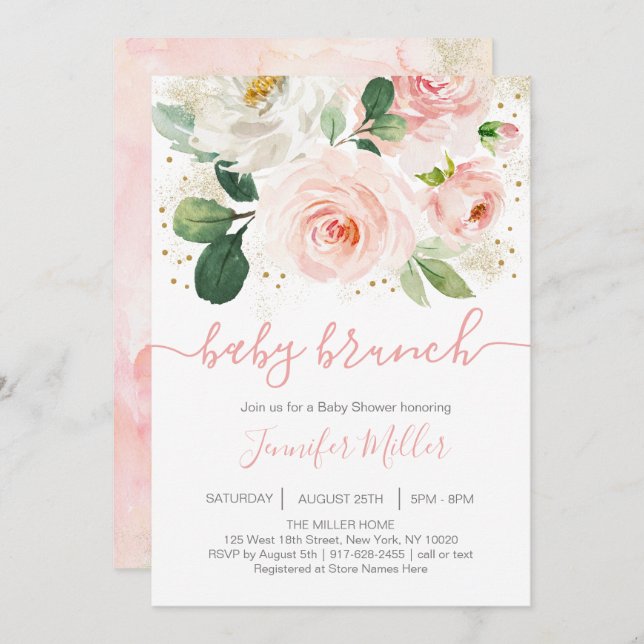 Brunch för blommigt  Rosa & Guld Baby Shower Brunc Inbjudningar (Fram/baksida)