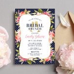 Brunch för  Blommigt Watercolor Navy Bröllop Möhip Inbjudningar<br><div class="desc">Låt oss skål för bruden! Bröllop möhippa brunch-inbjudan har designfunktioner för att klistra in champagne/mimosa-glasflöjt med snyggtens rosa och midnatt/marin blå text som kan vara fullt personlig för ditt evenemang, framtagen av en blommigt med söt vattenfärg arrangemang med grönt och pastel rosa, och persikoblommor vår och sommardahlia och ro blommor....</div>