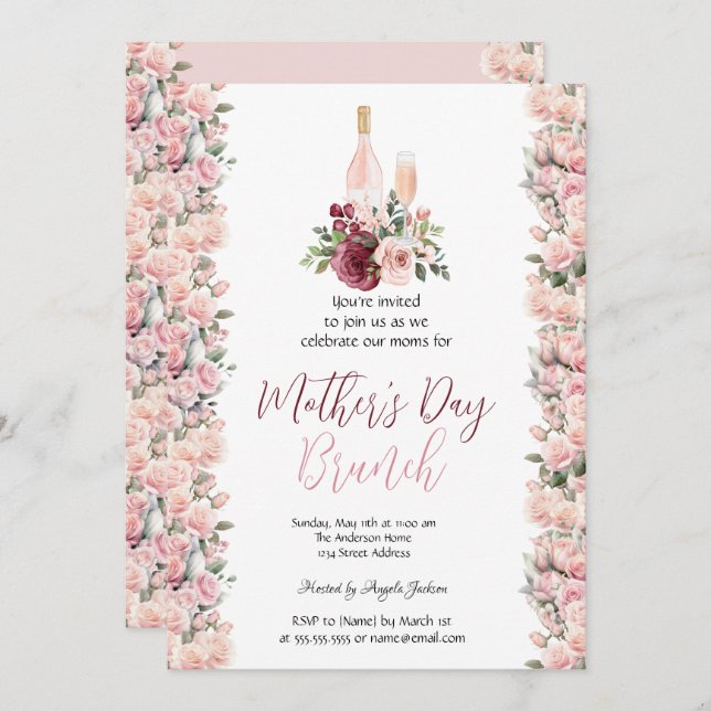 Brunch för Burgundy Rosa ros Vin Mors dag Inbjudningar (Fram/baksida)