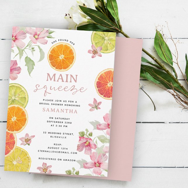 Brunch för Citrus Rosa Main Squeeze Möhippa Brunch Inbjudningar (Citrus Pink Main Squeeze Bridal Shower Brunch Invitation)