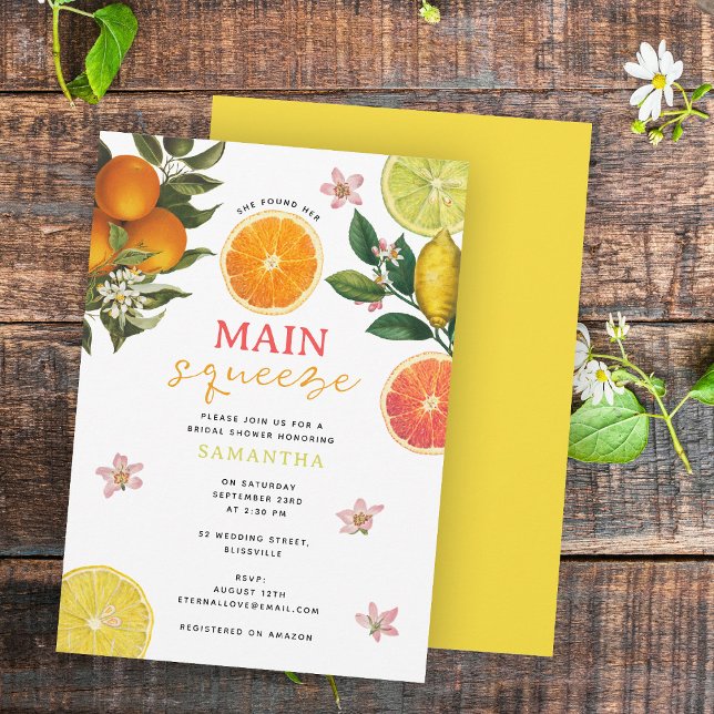 Brunch för Citrus Rosa Main Squeeze Möhippa Brunch Inbjudningar (Citrus Pink Main Squeeze Bridal Shower Brunch Invitation)
