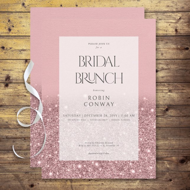 Brunch för den moderna Ro Rosa Glam Glitter Möhipp Inbjudningar (Modern Rose Pink Glam Glitter Bridal Brunch Invitation)