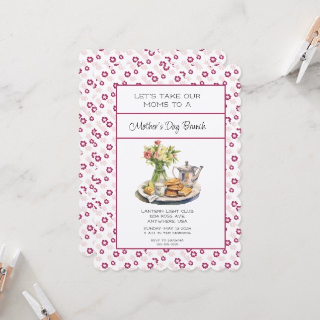 Brunch för djupt Rosa Vår Blommigt Mors dag Inbjudningar (Fram/Back In Situ)