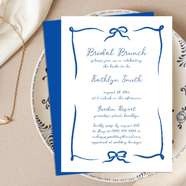 Brunch för hand plockade Ribbon Fransk Blue Modern Inbjudningar (Skapare uppladdad)