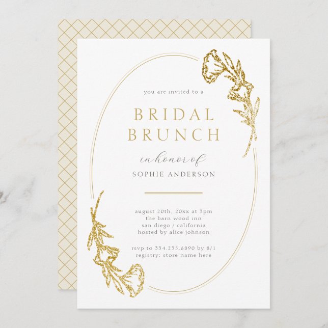 Brunch för Möhippa för minsta möjliga Guld-Blommig Inbjudningar (Fram/baksida)