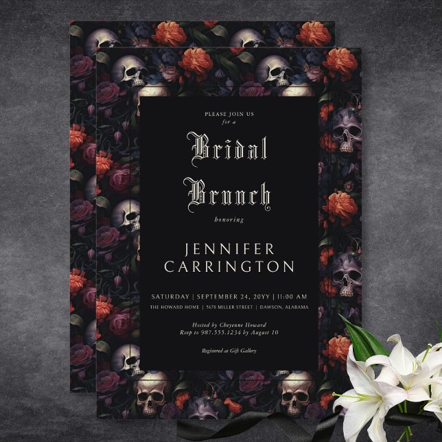 Brunch för Möhippan Blommigt och Döskallar för got Inbjudningar (Gothic Vintage Floral & Skulls Bridal Brunch Invitation)