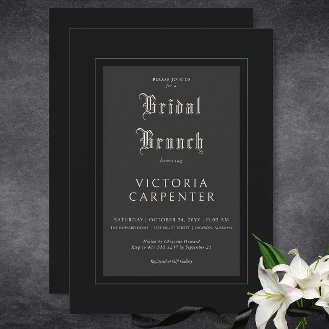 Brunch för mörk Gothic Minimal Black & Teal Möhipp Inbjudningar (Dark Gothic Minimal Black & Teal Bridal Brunch Invitation)