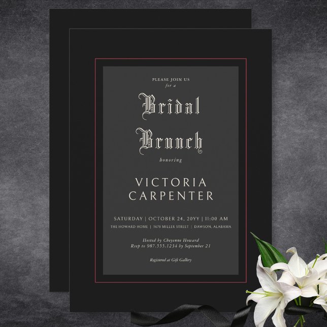 Brunch för Mörk gotik Minimal Black & Red Möhippa Inbjudningar (Dark Gothic Minimal Black & Red Bridal Brunch Invitation)
