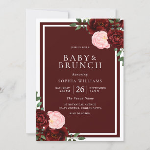 Brunch för och burgundy Röd ros Babykläder Inbjudningar
