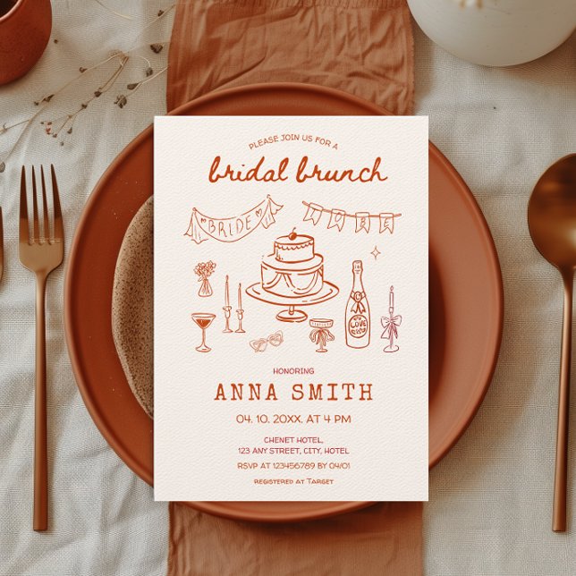 Brunch för Quirky Unique Red Möhippa Funky hand pl Inbjudningar (Hand Drawn Red Bridal Brunch Quirky Whimsical Hand Illustrated Bridal Shower Invitation Cake Wine)