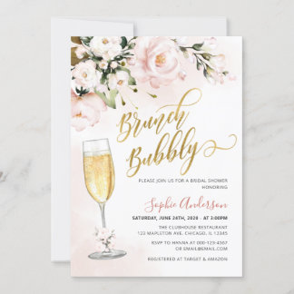 Brunch för Ro Blommigt Glitter Guld och bubbelbry Inbjudningar