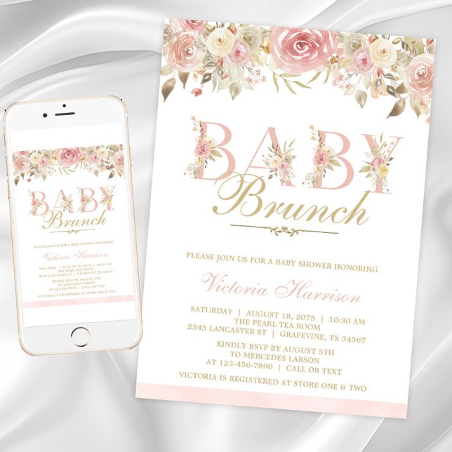 Brunch för  Rosa Blommigt Baby Shower Brunch Inbjudningar (Instant download and printed invitations available.)