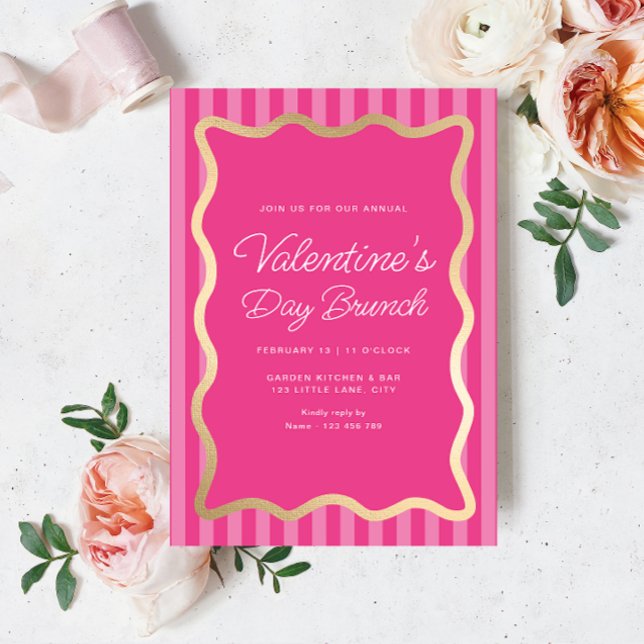 Brunch för Wave Rosa Shock rosa Valentine Day Brun Inbjudningar (Valentines Brunch Invitation Hot Pink Stripe)