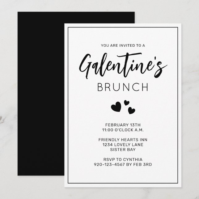 Brunch-inbjudan till Black and White Galentine Dag Inbjudningar (Fram/baksida)